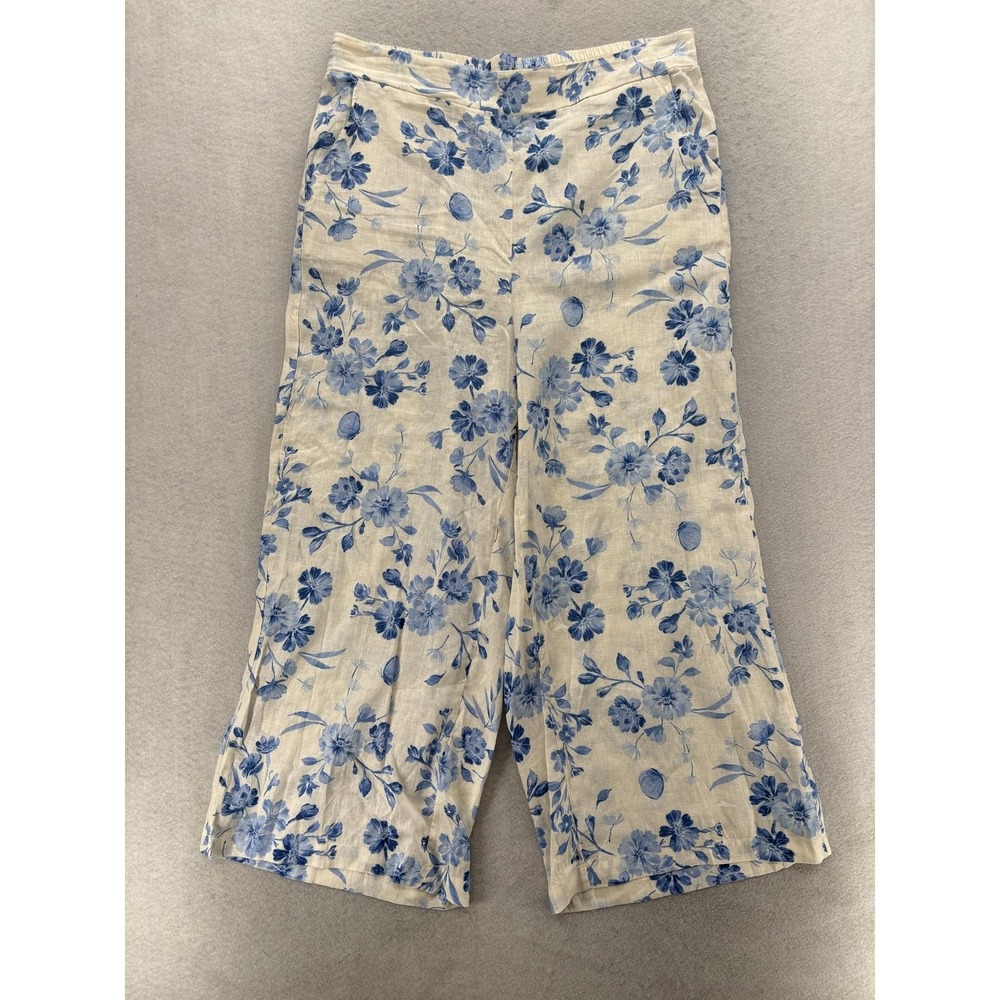 Joie Linen Blend Floral Wide Leg Crop Pants Womens XL Blue Pull On Summer Casual